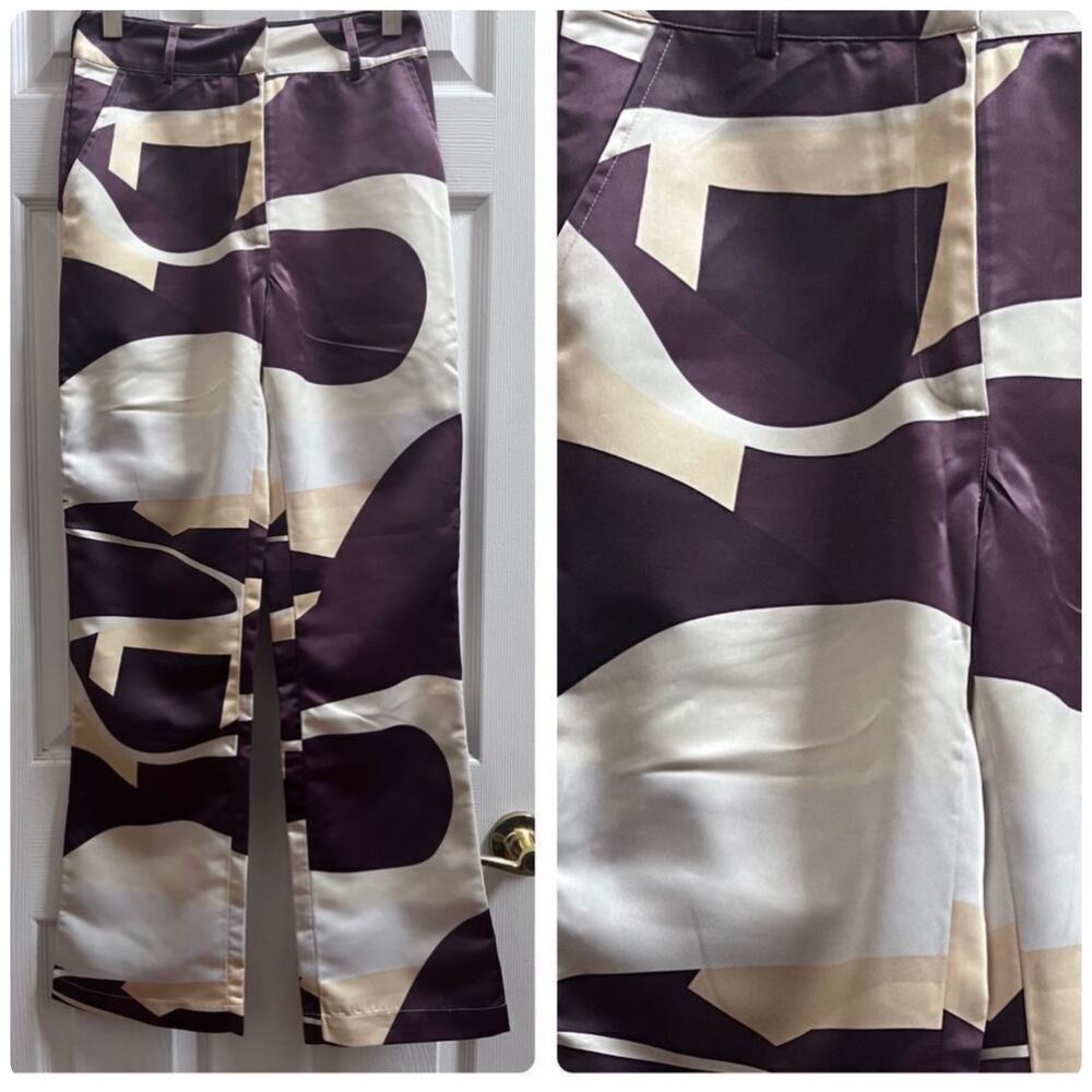 House of Sunny Highway Bold Print High Rise Satin Slight Flare Pant Size 4 - Picture 2 of 12